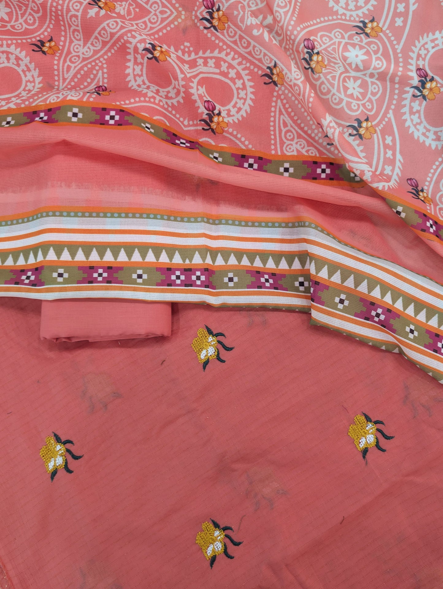 3PC CHAMKI DORYA EMBROIDED WITH SHAFOON NET PRINTED DUPATA VERY PREMIUM QUALITY SUMMER COLLECTION 2026 ( CARROT PINK)
