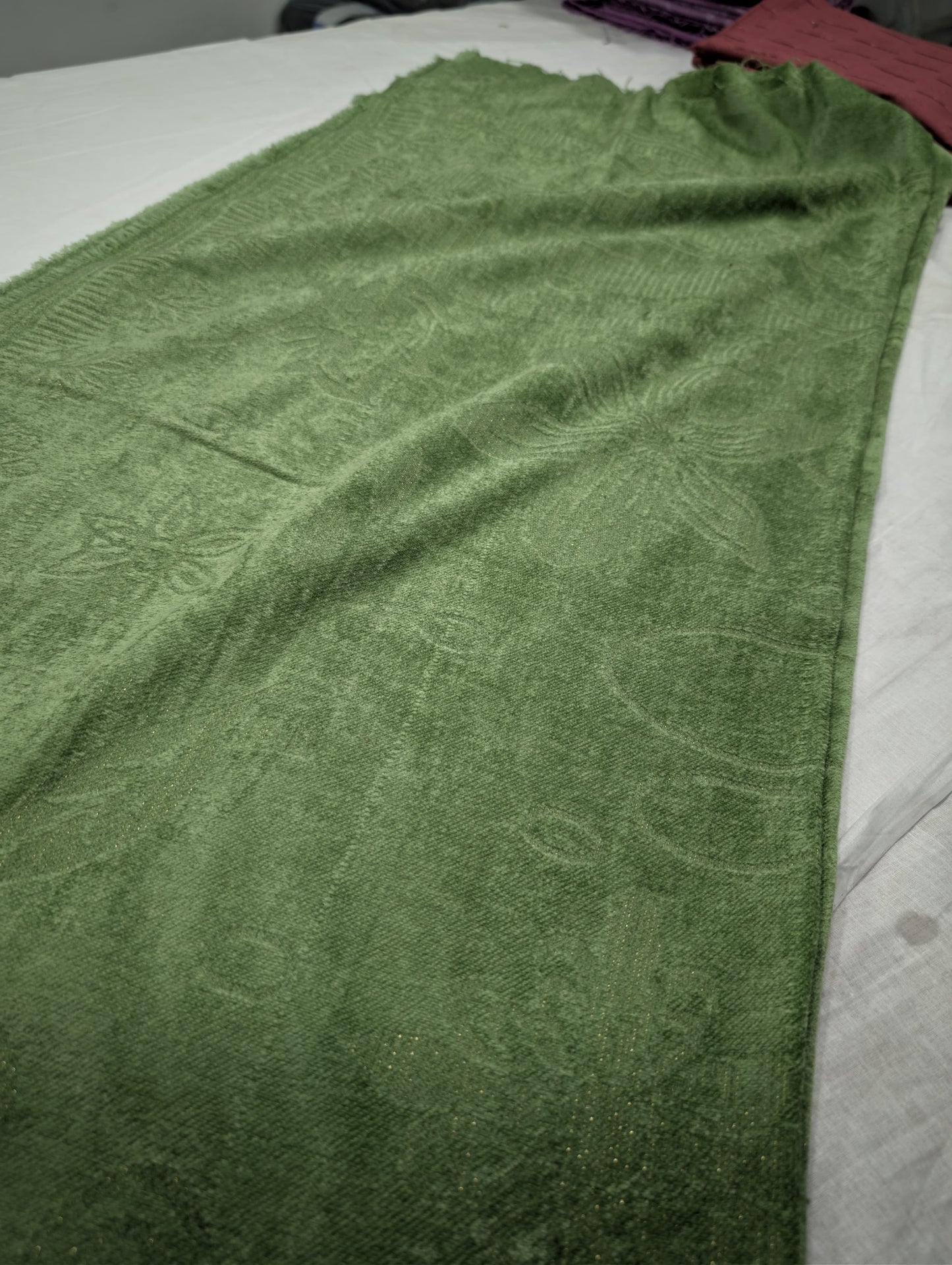 3PC PEACH LEATHER WITH HIGH QUALITY SELF DESIGN FLUFFY VELVET SHAWL EXPORT QUALITY WINTER COLLECTION (APPLE GREEN)