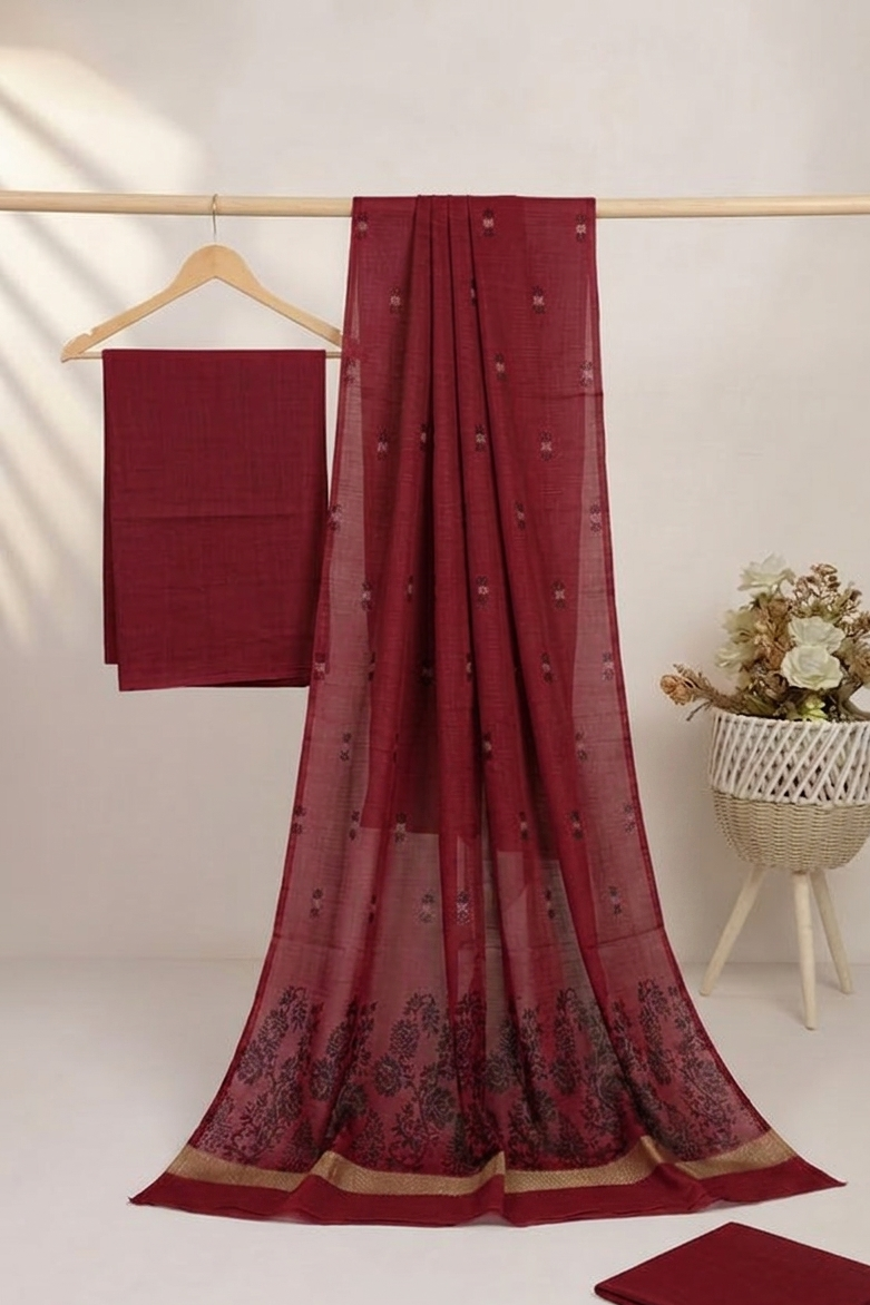 3PC DORYA LAWN WITH MULTI JAQUARD BANARSI LAWN DUPATTA ( MAHROON )