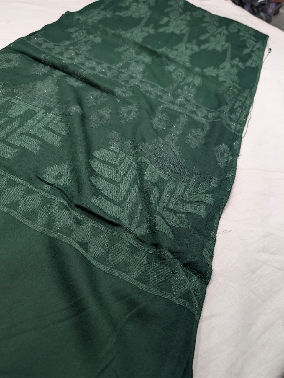 3PC PEACH WOOL VELVET WITH HIGH QUALITY CUT WORK DESIGN VELVET SHAWL EXPORT QUALITY WINTER COLLECTION (BOTTLE GREEN)