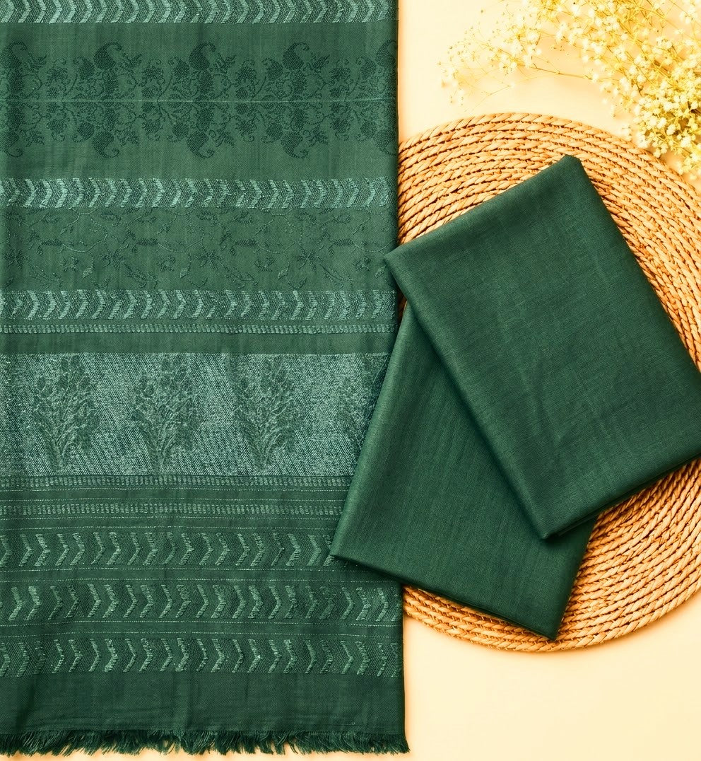 3PC PEACH MARINA FABRIC WITH LUXURIOUS VELVET JAQUARD SHAWL PREMIUM WINTER COLLECTION (BOTTLE GREEN)