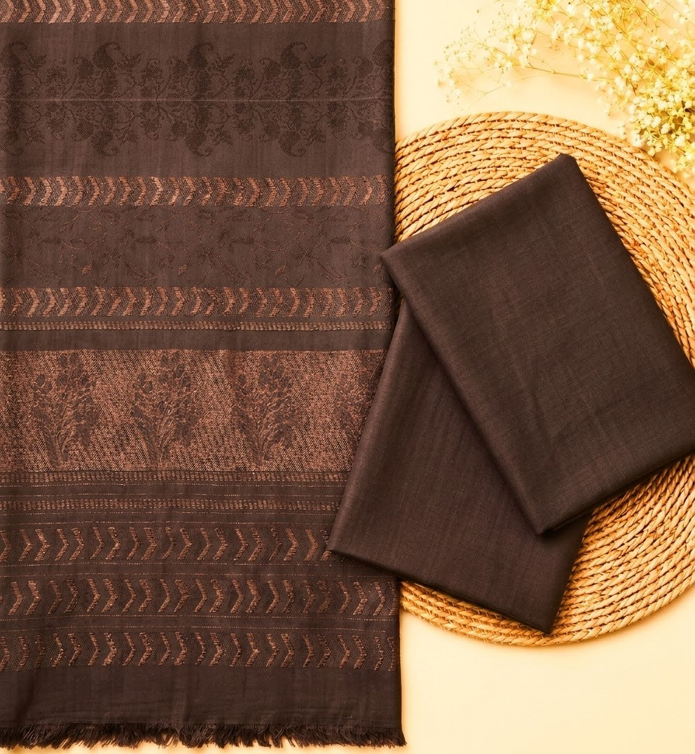 3PC PEACH MARINA FABRIC WITH LUXURIOUS VELVET JAQUARD SHAWL PREMIUM WINTER COLLECTION (CHOCOLATE BROWN)