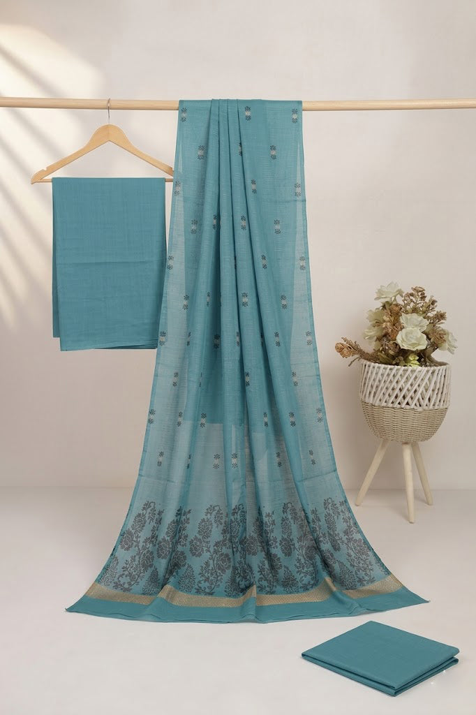 3PC BANA DORA LAWN WITH MULTI JAQUARD BANARSI LUXURY DUPATTA (OCEAN BLUE)