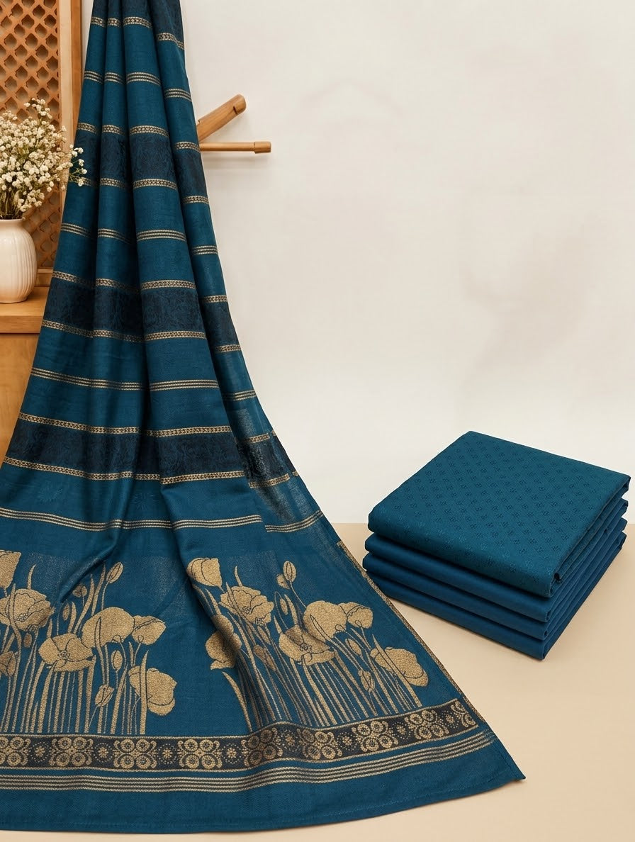 3PC MARINA SELF EMBOSSED DESIGN WITH HIGH QUALITY PASHMINA KANI WORK SHAWL (TEAL BLUE)