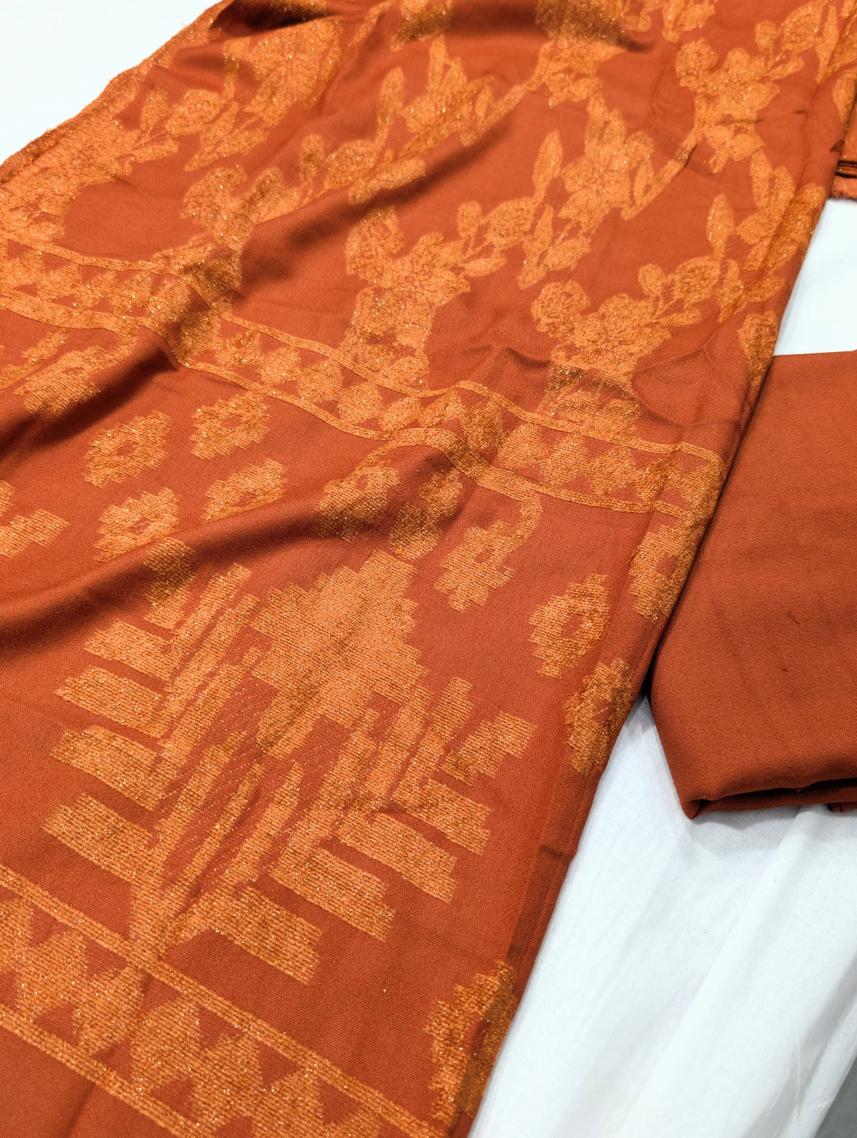3PC CHAMKI VELVET MARINA WITH HIGH QUALITY CUT WORK DESIGN VELVET SHAWL PREMIUM WINTER COLLECTION (RUST COLOR)