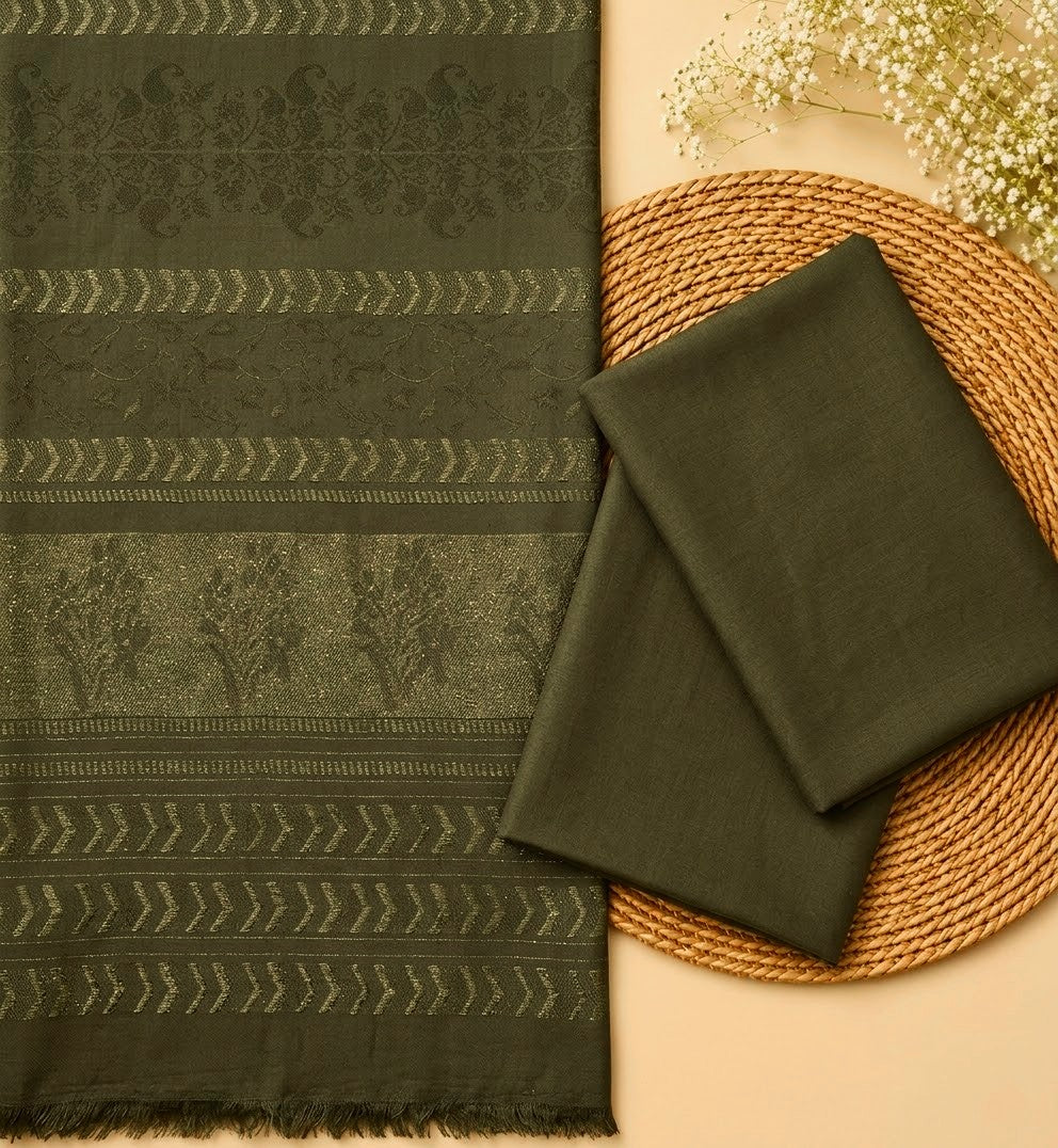 3PC PEACH MARINA WITH LUXURIOUS VELVET JAQUARD SHAWL PREMIUM WINTER COLLECTION (MAHNDI COLOR)