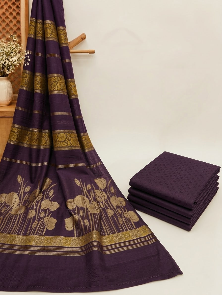 3PC MARINA SELF EMBOSSED DESIGN WITH HIGH QUALITY PASHMINA KANI WORK SHAWL (PURPLE COLOR)