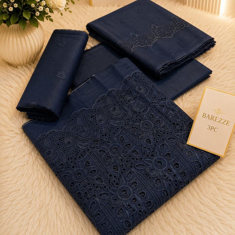 Barezze 3PC Chikankari Embroidered Lawn Suit – Navy Blue