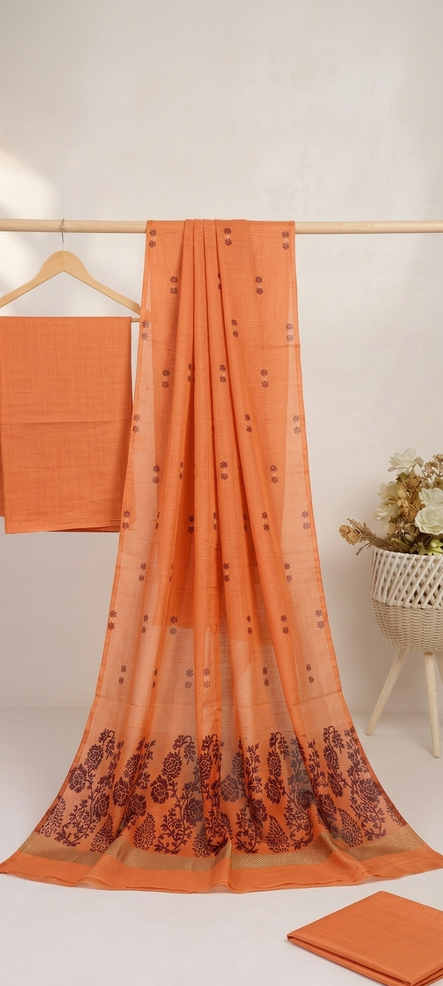 3PC DORYA LAWN WITH MULTI JAQUARD BANARSI LAWN DUPATTA (COSMIC ORANGE)