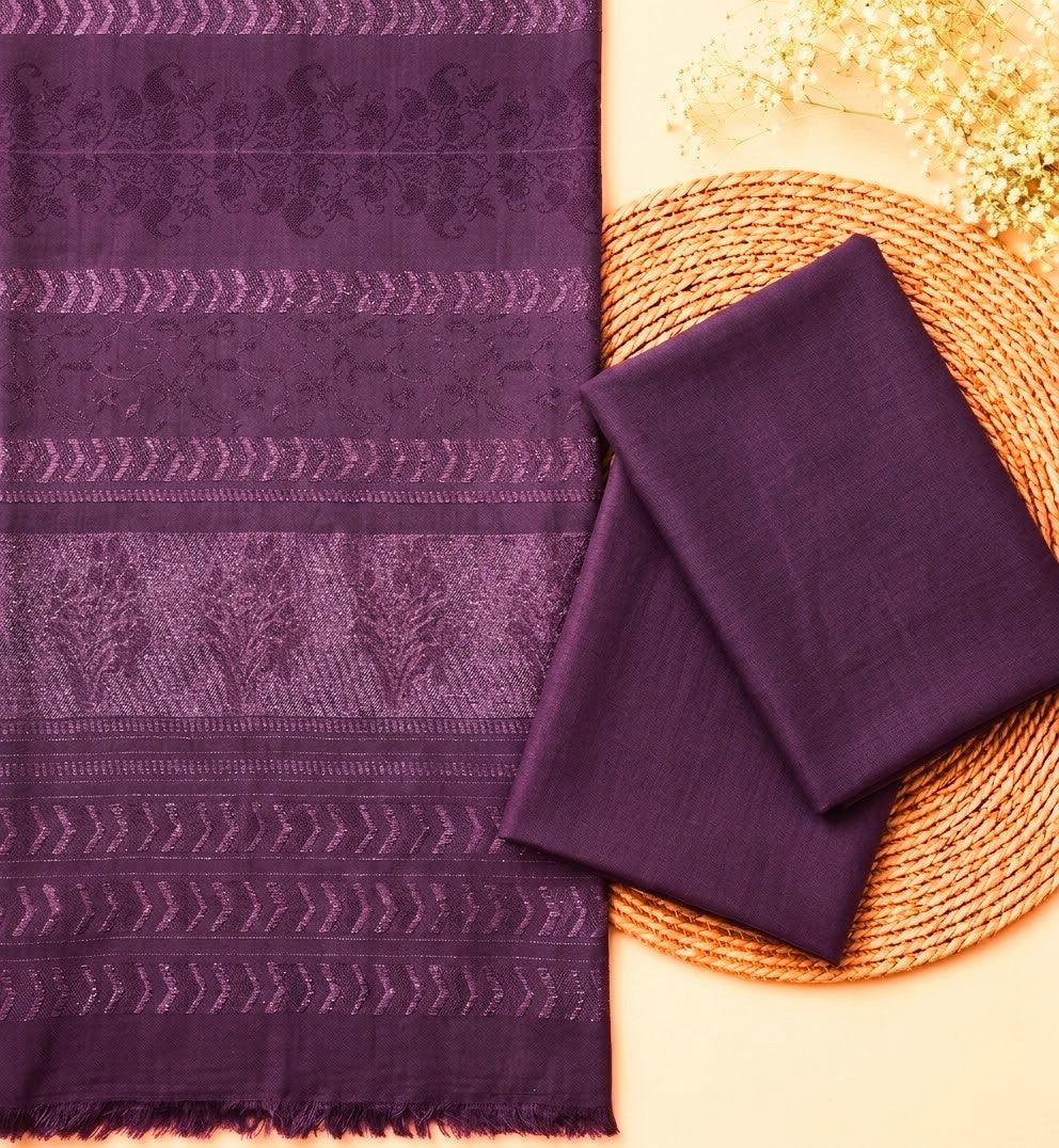 3PC PEACH MARINA FABRIC WITH LUXURIOUS VELVET JAQUARD SHAWL PREMIUM WINTER COLLECTION (PURPLE COLOR)