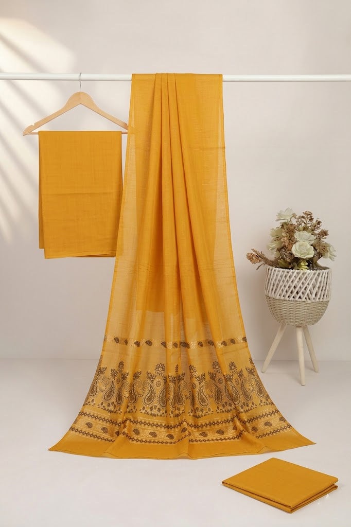 3PC DORYA LAWN WITH MULTI JAQUARD BANARSI LUXURY LAWN DUPATTA (YELLOW MASTRD)