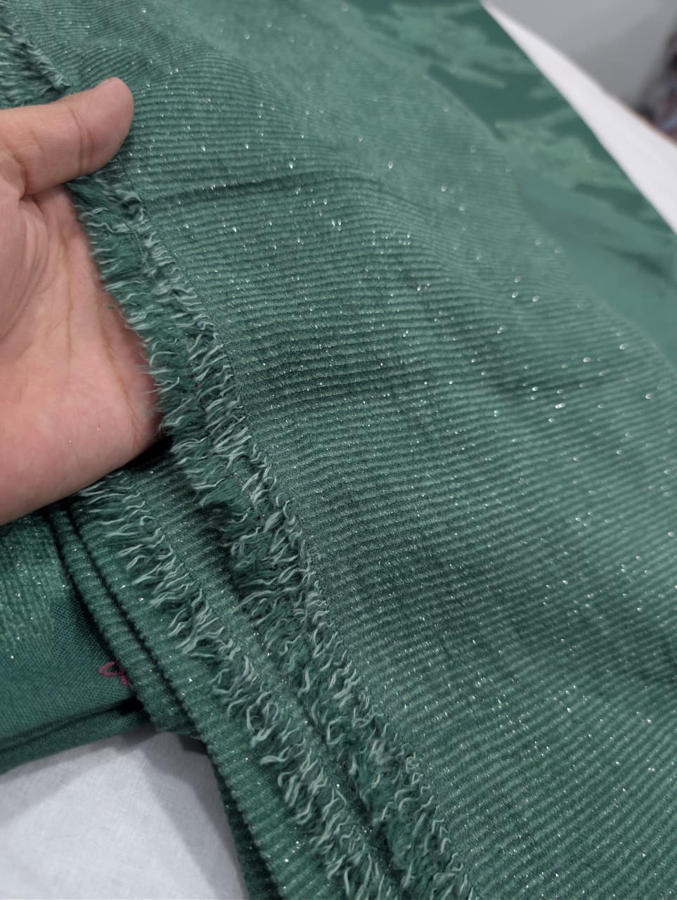3PC PEACH WOOL VELVET WITH HIGH QUALITY CUT WORK DESIGN VELVET SHAWL EXPORT QUALITY WINTER COLLECTION (SAGE GREEN)