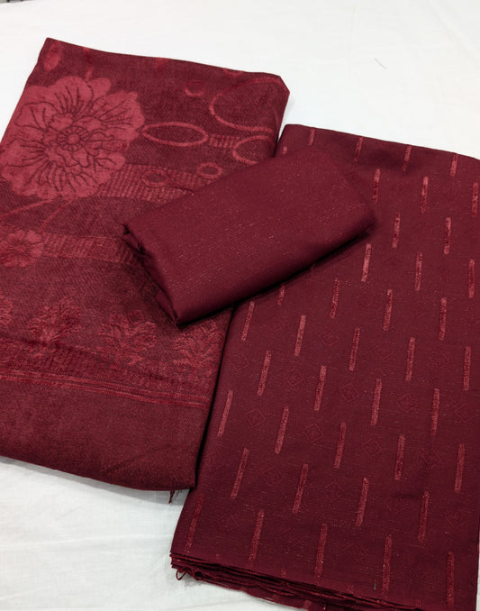 3PC PEACH LEATHER WITH HIGH QUALITY SELF DESIGN FLUFFY VELVET SHAWL EXPORT QUALITY WINTER COLLECTION (MAHROON COLOR)