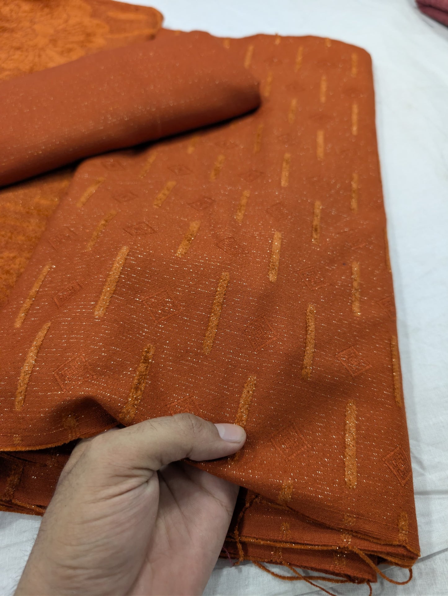 3PC PEACH LEATHER WITH HIGH QUALITY SELF DESIGN FLUFFY VELVET SHAWL EXPORT QUALITY WINTER COLLECTION (RUST COLOR)
