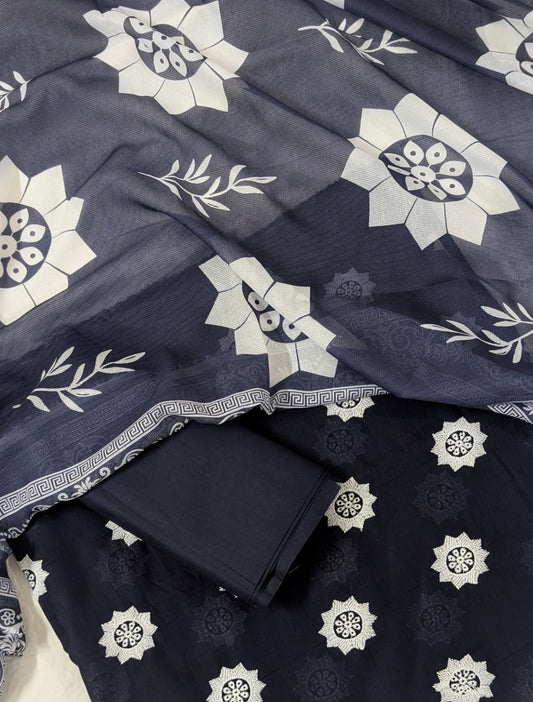 3PC CHICKEN EMBROIDERY DORYA LAWN WITH SHAFOON NET PRINTED DUPATA PREMIUM SUMMER COLLECTION 2026 ( NEVYBLUE)