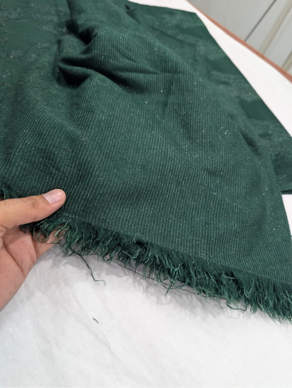 3PC PEACH WOOL VELVET WITH HIGH QUALITY CUT WORK DESIGN VELVET SHAWL EXPORT QUALITY WINTER COLLECTION (BOTTLE GREEN)
