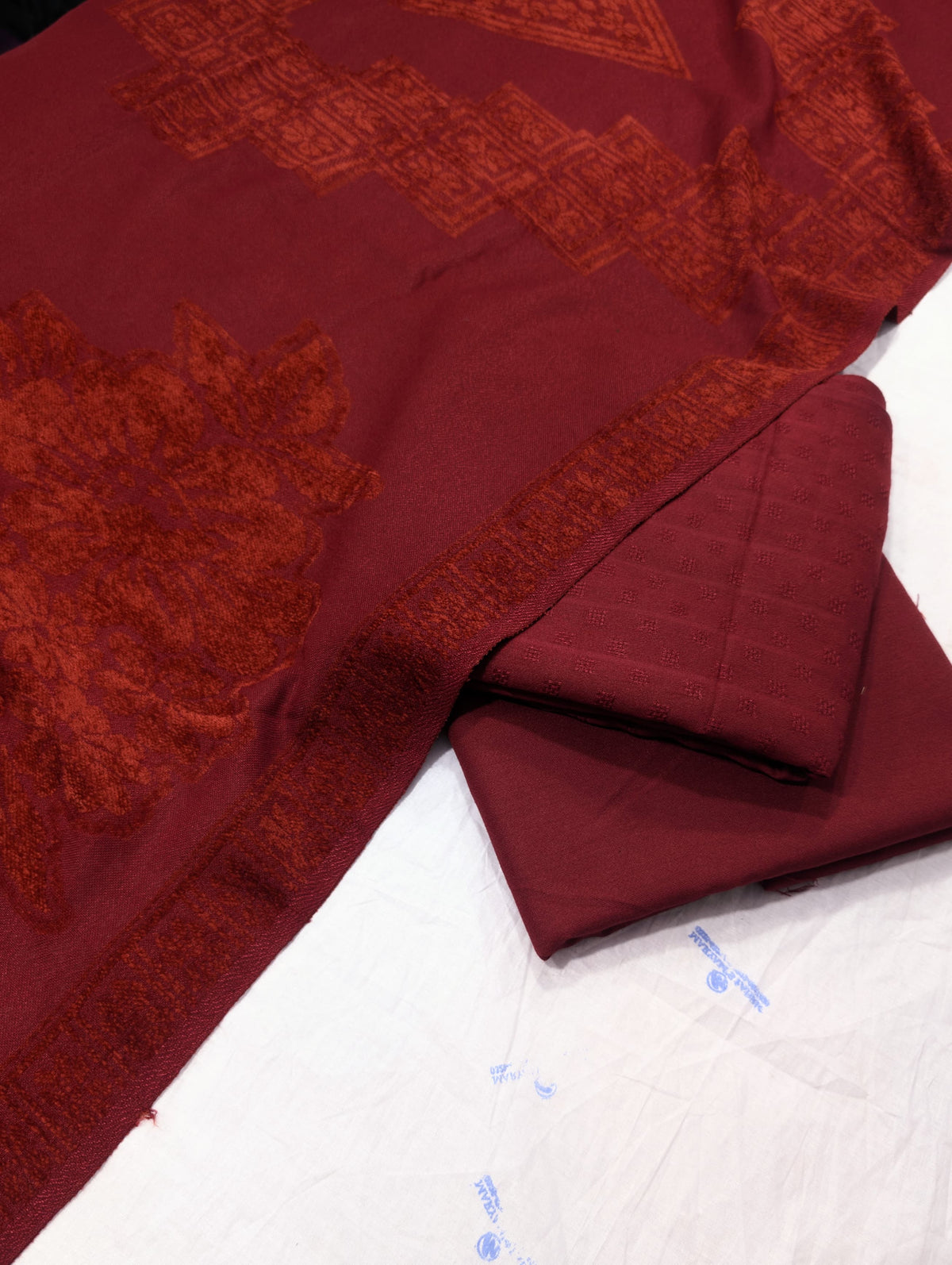 3PC MARINA SELF EMBOSSED WITH HIGH QUALITY RICH VELVET WOOL SHAWL LUXURIOUS WINTER COLLECTION (MAHROON)
