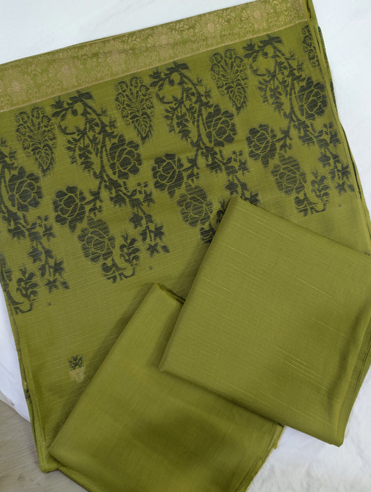 3PC SLUB DORYA LAWN WITH MULTI JACQUARD BANARSI VERY PREMIUM QUALITY LAWN DUPATA lawn 2026 premium summer collection(MUD GREEN)