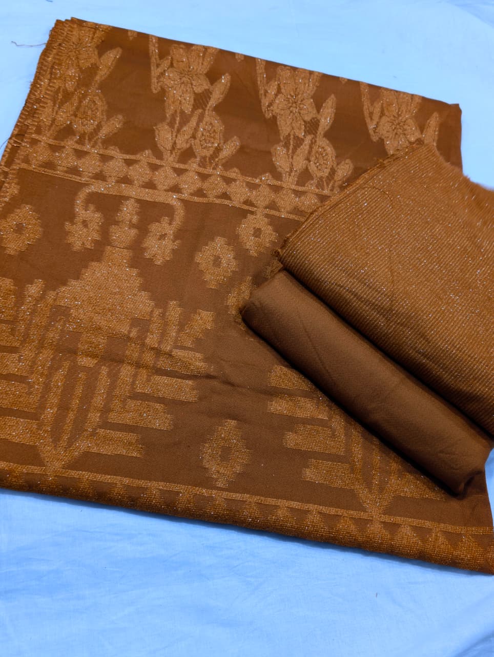 3PC PEACH WOOL VELVET WITH HIGH QUALITY CUT WORK DESIGN VELVET SHAWL EXPORT QUALITY WINTER COLLECTION (RUST COLOR)