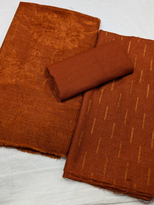 3PC PEACH LEATHER WITH HIGH QUALITY SELF DESIGN FLUFFY VELVET SHAWL EXPORT QUALITY WINTER COLLECTION (RUST COLOR)
