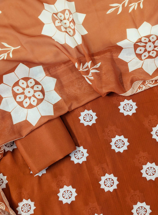 3PC CHICKEN EMBROIDERY DORYA LAWN WITH SHAFOON NET PRINTED DUPATA PREMIUM SUMMER COLLECTION 2026 ( RUST COLOR )