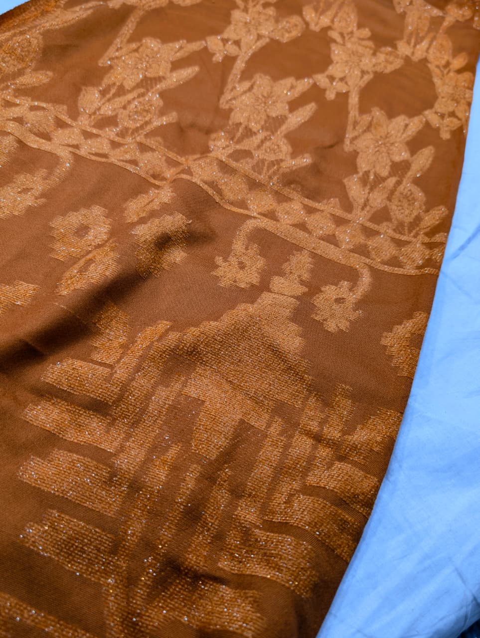 3PC PEACH WOOL VELVET WITH HIGH QUALITY CUT WORK DESIGN VELVET SHAWL EXPORT QUALITY WINTER COLLECTION (RUST COLOR)