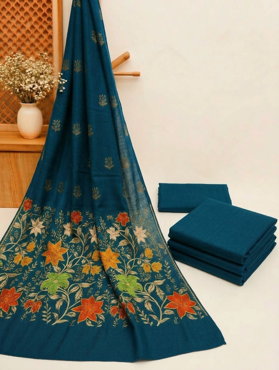 3PC PEACH WOOL WITH PASHMINA  BANARSI MULTI VELVET SHAWL EXPORT QUALITY WINTER COLLECTION (ZINC)