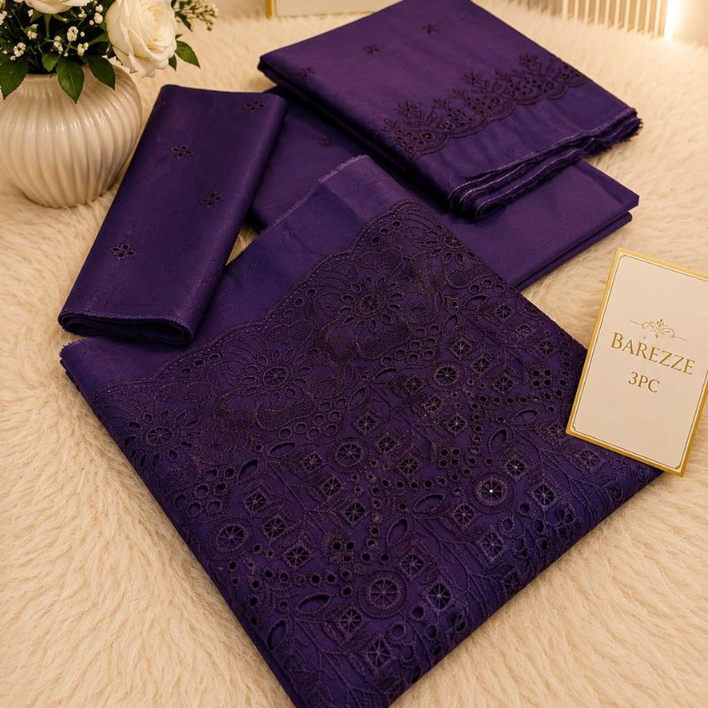 Barezze 3PC Chikankari Embroidered Lawn Suit –             DARK PURPLE