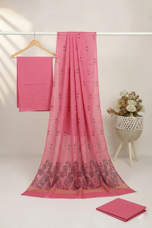 3PC BANA DORYA LAWN WITH NEW BANARSI PREMIUM QUALITY LAWN DUPATA (BND000ROS)ROSE PINK