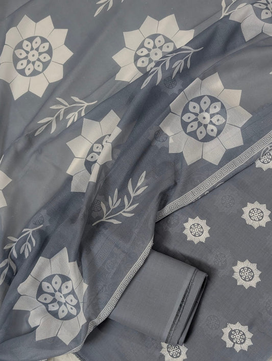 3PC CHICKEN EMBROIDERY DORYA LAWN WITH SHAFOON NET PRINTED DUPATA PREMIUM SUMMER COLLECTION 2026 ( DARK GRAY)