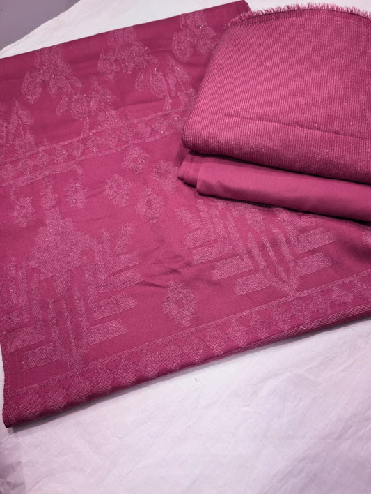 3PC PEACH WOOL VELVET WITH HIGH QUALITY CUT WORK DESIGN VELVET SHAWL EXPORT QUALITY WINTER COLLECTION (ROSE PINK)