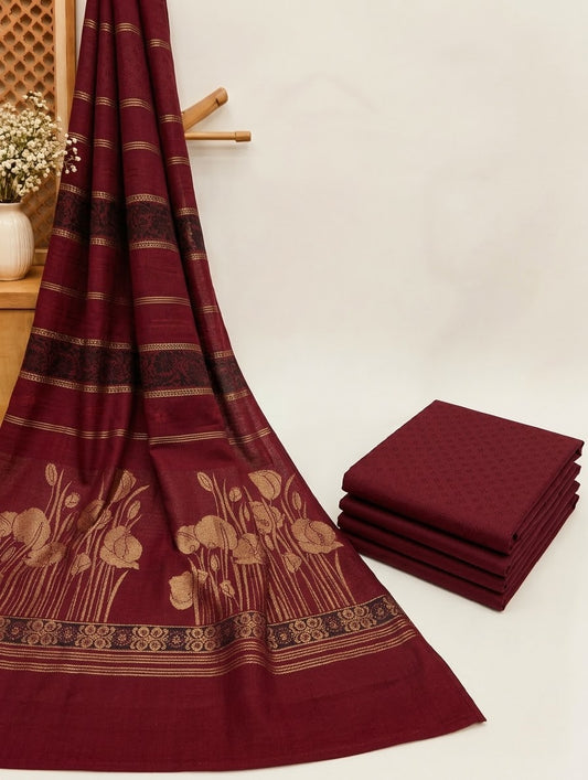 3PC MARINA SELF EMBOSSED DESIGN WITH HIGH QUALITY PASHMINA KANI WORK SHAWL (MAHROON)