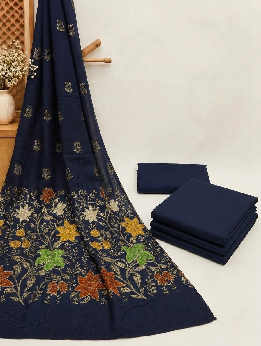 3PC PEACH WOOL WITH PASHMINA BANARSI MULTI VELVET SHAWL EXPORT QUALITY WINTER COLLECTION (NEVYBLUE)