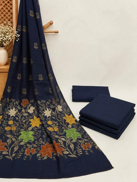 3PC PEACH WOOL WITH PASHMINA BANARSI MULTI VELVET SHAWL EXPORT QUALITY WINTER COLLECTION (NEVYBLUE)