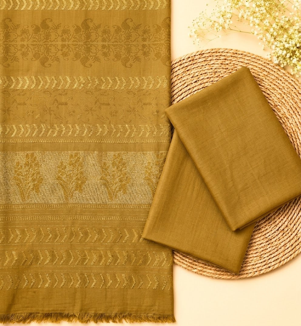 3PC PEACH MARINA FABRIC WITH LUXURIOUS VELVET JAQUARD SHAWL PREMIUM WINTER COLLECTION (YELLOW MASTRD)