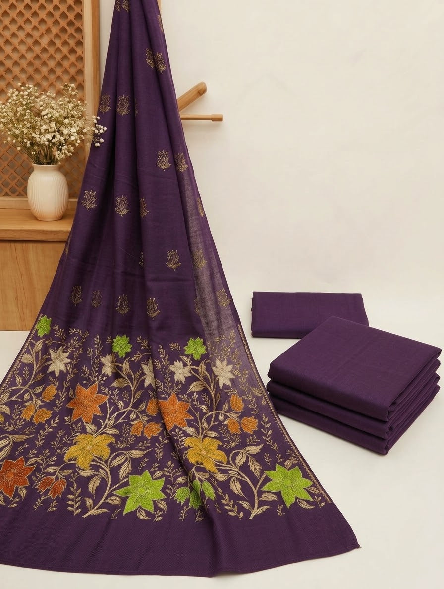 3PC PEACH WOOL WITH PASHMINA BANARSI MULTI VELVET SHAWL EXPORT QUALITY WINTER COLLECTION (DARK PURPLE)