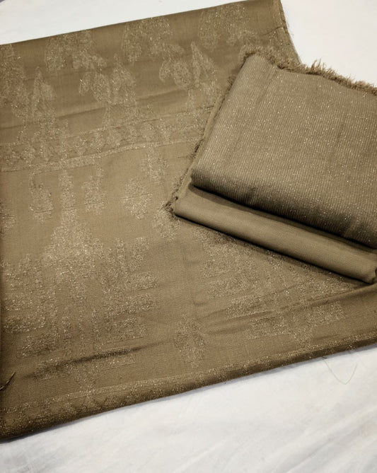 3PC PEACH WOOL VELVET WITH HIGH QUALITY CUT WORK DESIGN VELVET SHAWL EXPORT QUALITY WINTER COLLECTION (SAND SKIN)