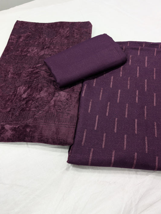 3PC PEACH LEATHER WITH HIGH QUALITY SELF DESIGN FLUFFY VELVET SHAWL EXPORT QUALITY WINTER COLLECTION (DARK PURPLE)