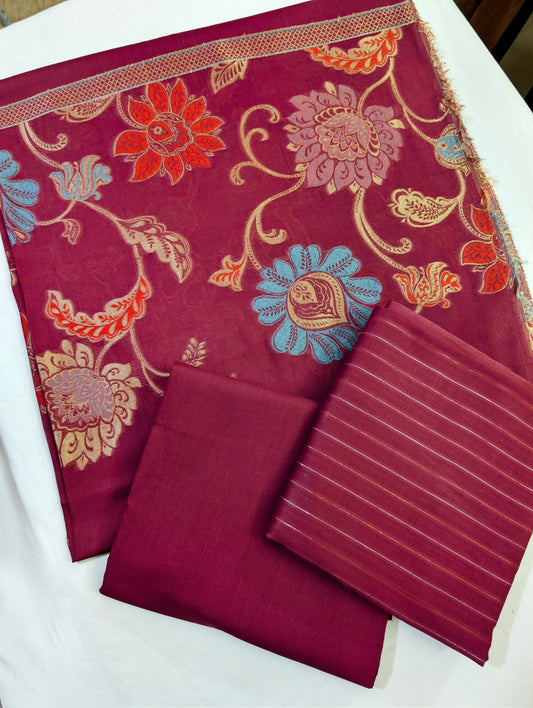 3PC MOON LIGHT LAWN WITH VERY PREMIUM QUALITY MULTI JAQUARD BANARSI LAWN DUPATA (REDISH MAHROON)