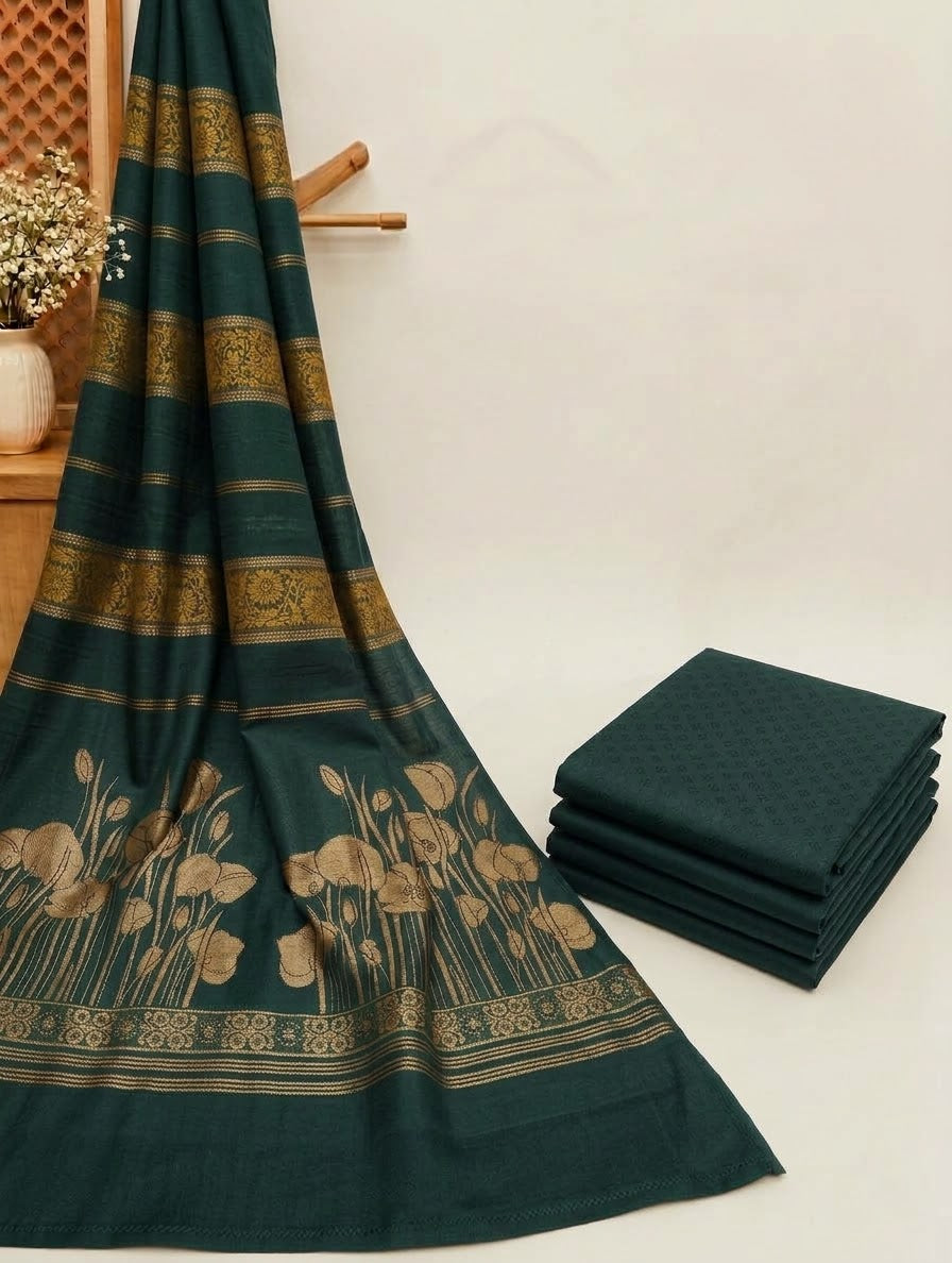 3PC MARINA SELF EMBOSSED DESIGN WITH HIGH QUALITY PASHMINA KANI WORK SHAWL PREMIUM WINTER COLLECTION ( BOTTLE GREEN)