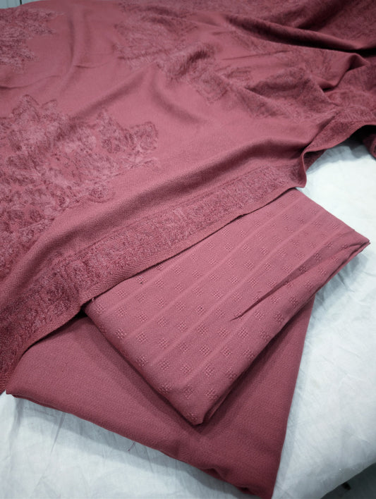 3PC MARINA SELF EMBOSSED WITH HIGH QUALITY RICH VELVET WOOL SHAWL LUXURIOUS WINTER COLLECTION (ROSE PINK)