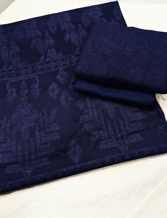 3PC PEACH WOOL VELVET WITH HIGH QUALITY CUT WORK DESIGN VELVET SHAWL EXPORT QUALITY WINTER COLLECTION (NEVYBLUE)