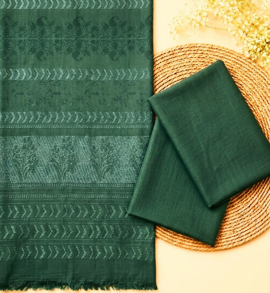 3PC PEACH MARINA FABRIC WITH LUXURIOUS VELVET JAQUARD SHAWL PREMIUM WINTER COLLECTION (BOTTLE GREEN)