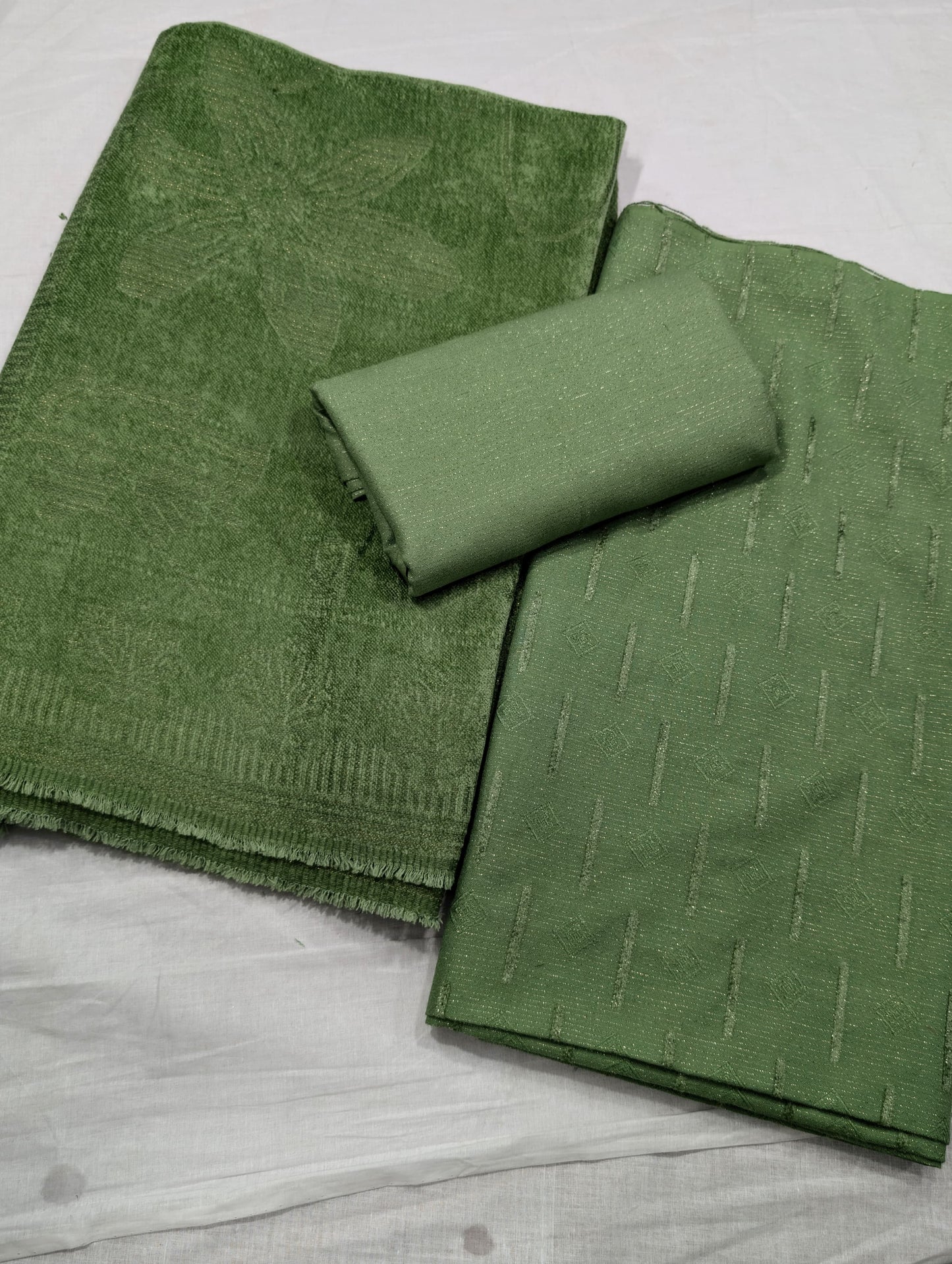 3PC PEACH LEATHER WITH HIGH QUALITY SELF DESIGN FLUFFY VELVET SHAWL EXPORT QUALITY WINTER COLLECTION (APPLE GREEN)