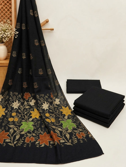 3PC PEACH WOOL WITH PASHMINA BANARSI MULTI VELVET SHAWL EXPORT QUALITY WINTER COLLECTION (JET BLACK)