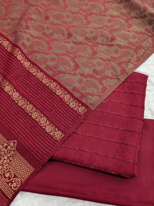 3PC KANI BORDER BANARSI WOOL SHAWL WITH SELF DESIGN SHIRT & TROUSER (MAHROON COLOR)