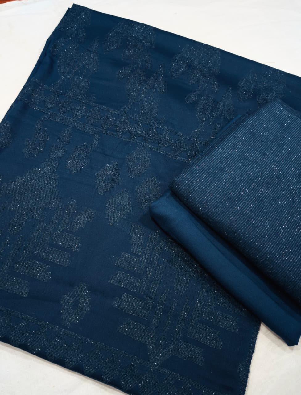 3PC PEACH WOOL VELVET WITH HIGH QUALITY CUT WORK DESIGN VELVET SHAWL EXPORT QUALITY WINTER COLLECTION ( ZINC BLUE)