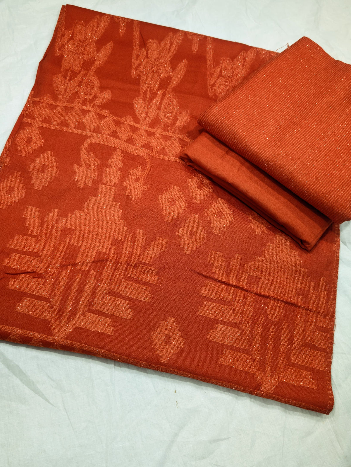 3PC PEACH WOOL VELVET WITH HIGH QUALITY CUT WORK DESIGN VELVET SHAWL LUXURIOUS WINTER COLLECTION (RUST COLOR)