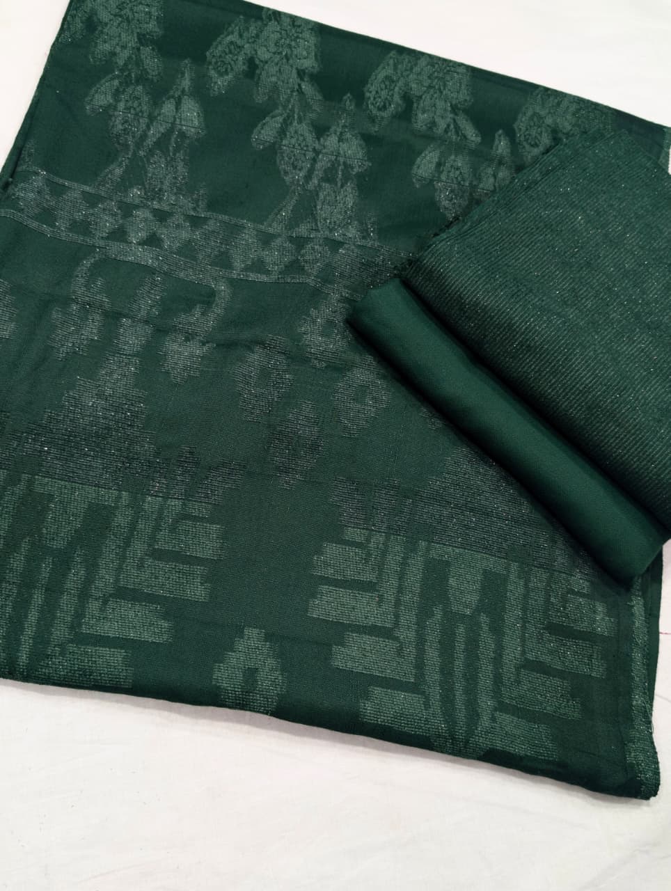 3PC PEACH WOOL VELVET WITH HIGH QUALITY CUT WORK DESIGN VELVET SHAWL EXPORT QUALITY WINTER COLLECTION (BOTTLE GREEN)
