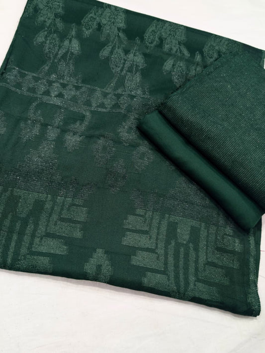 3PC PEACH WOOL VELVET WITH HIGH QUALITY CUT WORK DESIGN VELVET SHAWL EXPORT QUALITY WINTER COLLECTION (BOTTLE GREEN)